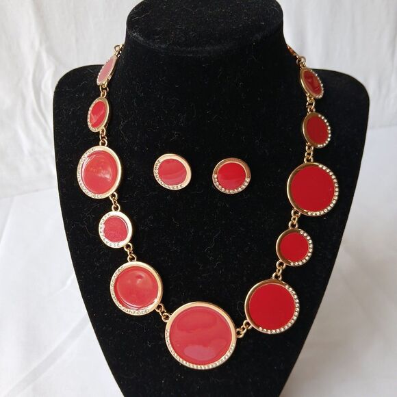Charming Charlie Necklace Earring Set Red Enamel Gold Tone Rhinestone Discs 20" - Picture 1 of 6
